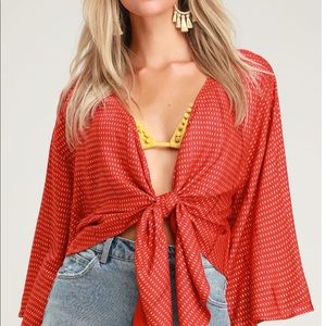 Undeniable Rust Red and Gold Print Tie-Front Top